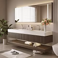 Modern Bathroom Cabinet With Double Sink Mirror Green Plant Towels And Toiletries