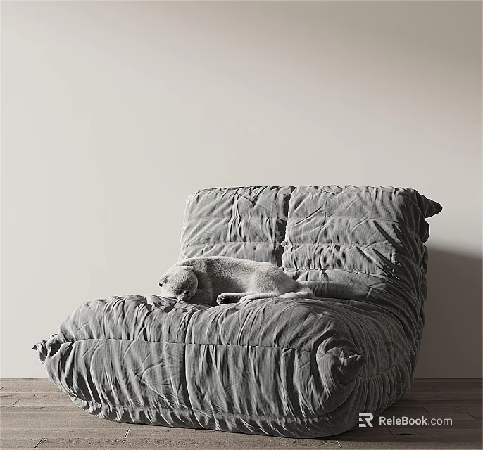Gray Lazy Sofa With Dog Lying On Light Colored Wall And Wooden Floor 3d model 