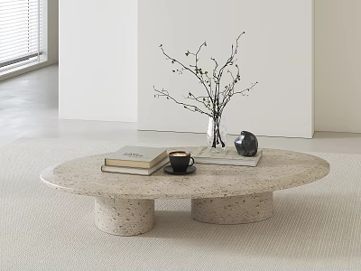 Round Beige Terrazzo Coffee Table With Stack Of Books Black Cup Vase And Dried Branches 3d model