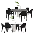 Modern Dining Table Set With Round Table Black Chairs And Decorative Plant 3d model
