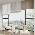 Stylish Pleated Curtains For Window With Green Landscape And Decorative Items