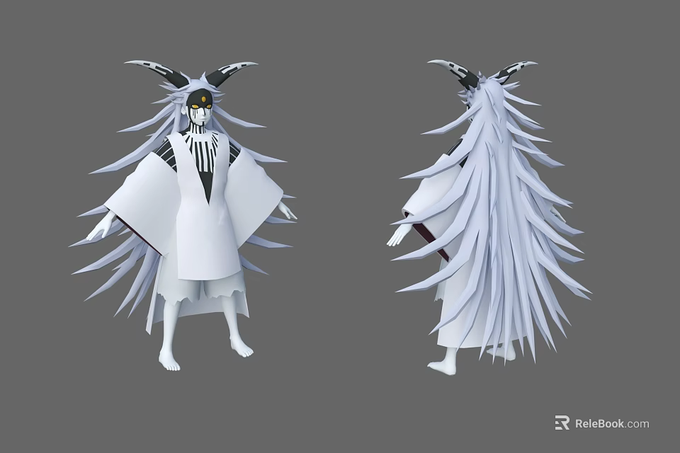 Mystical Game Movie Character With White Robe Feather Decorations Horned Headpiece Front Back Views 3d model 