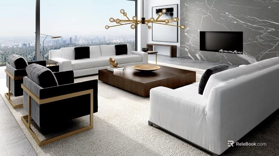 Modern Sofa Coffee Table Combination With White Upholstery Wooden Top And Black Armchairs 3d model 
