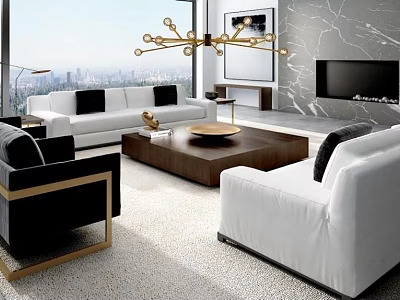 Modern Sofa Coffee Table Combination With White Upholstery Wooden Top And Black Armchairs 3d model