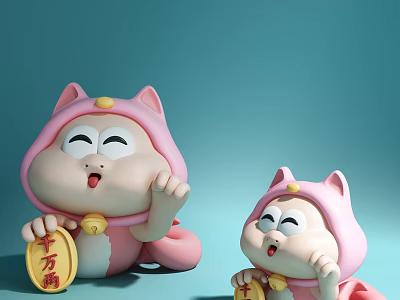 Pink Cat Dolls With Hats Bells And Qianwanliang Plaques On Light Blue Background 3d model