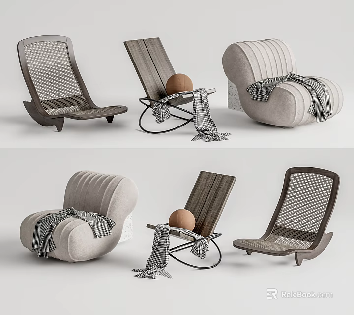 Modern Lounge Chair Designs With Mesh Wooden Upholstered Frames Featuring Throw Blanket And Decorative Details 3d model 