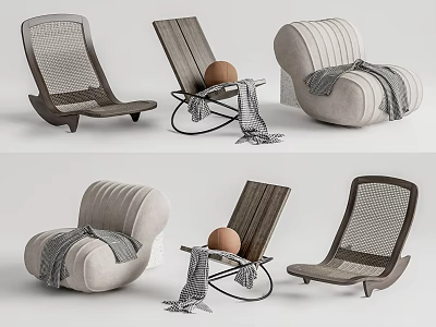 Modern Lounge Chair Designs With Mesh Wooden Upholstered Frames Featuring Throw Blanket And Decorative Details 3d model