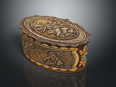 Oval Decorative Storage Box With Intricate Carved Patterns Golden Brown And Green Gemstone 3d model