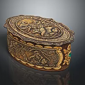 Oval Decorative Storage Box With Intricate Carved Patterns Golden Brown And Green Gemstone