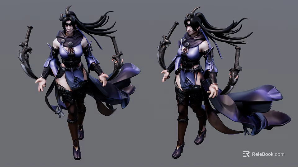 Dynamic Woman With Long Hair In Purple Outfit Holding Swords And Flowing Cape 3d model 