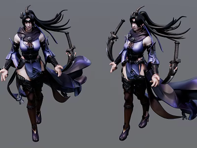 Dynamic Woman With Long Hair In Purple Outfit Holding Swords And Flowing Cape 3d model