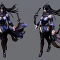 Dynamic Woman With Long Hair In Purple Outfit Holding Swords And Flowing Cape