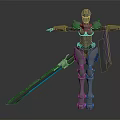 Game Movie Character Robot Warrior In Silver Metallic Armor With Glowing Blue Sword Arms Outstretched
