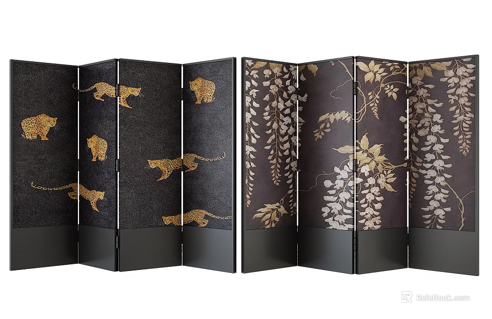 Folding Screens with Golden Leopard and Floral Vine Patterns on Black Background Multi Panel Design 3d model