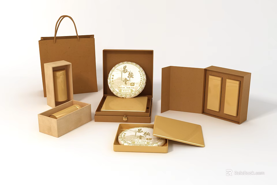 Decorative Ornaments Set With Brown Handbag Open Boxes Circular Pieces And Various Cases 3d model