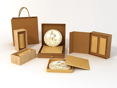 Decorative Ornaments Set With Brown Handbag Open Boxes Circular Pieces And Various Cases 3d model