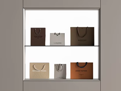 Luxury Brand Shopping Bags in Various Colors Displayed on Shelves with Elegant Design 3d model