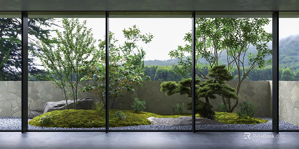 Serene Courtyard Garden With Glass Walls Trees Moss Stones And Natural Landscape 3d model 