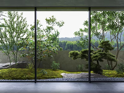 Serene Courtyard Garden With Glass Walls Trees Moss Stones And Natural Landscape 3d model