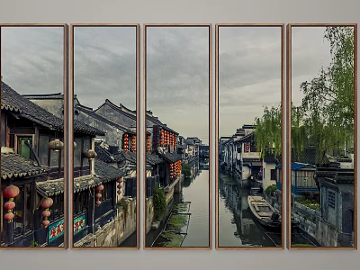 Four Panel Chinese Traditional Riverside Town Painting With Red Lanterns River Boat And Willow Trees 3d model