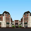 Charming Commercial Street With Red Brick Buildings Clock Tower Storefronts Awnings Greenery And Pedestrians