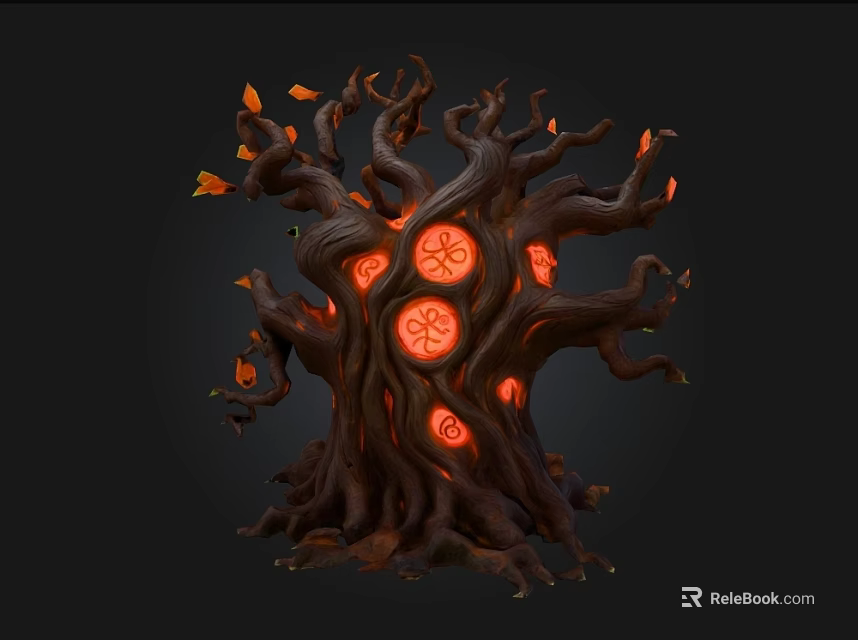 Mystical Twisted Root Like Plant With Glowing Red Circular Symbols And Orange Leaves 3d model 