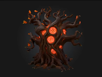 Mystical Twisted Root Like Plant With Glowing Red Circular Symbols And Orange Leaves 3d model