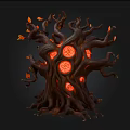 Mystical Twisted Root Like Plant With Glowing Red Circular Symbols And Orange Leaves