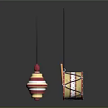 Shiny Colorful Layered Drum And Spherical Pendants With Red Gold Blue Metallic Accents