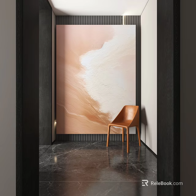 Large Abstract Painting In Beige And Brown Tones With Wooden Chair And Marble Floor 3d model 