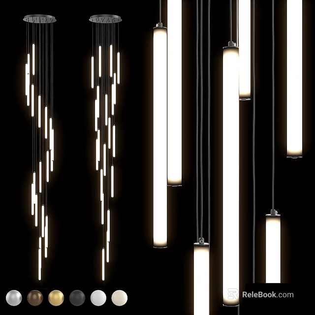 Modern Long Cylindrical Pendant Lights With Bright Illumination Hanging In Interior Space 3d model 