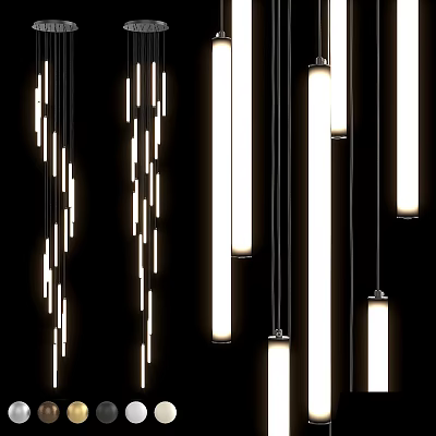 Modern Long Cylindrical Pendant Lights With Bright Illumination Hanging In Interior Space 3d model
