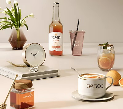 Cozy Coffee Cup With Fresh Coffee Citrus Slices And Mint On Table 3d model