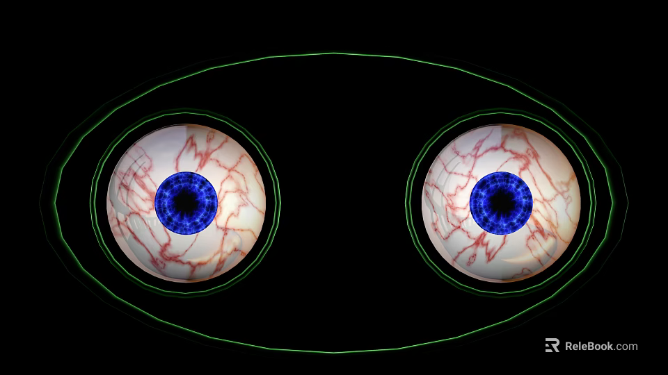 Human Eyes With Blue Pupils Red Blood Vessels And Green Outline On Black Background 3d model 