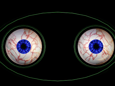 Human Eyes With Blue Pupils Red Blood Vessels And Green Outline On Black Background 3d model
