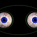 Human Eyes With Blue Pupils Red Blood Vessels And Green Outline On Black Background