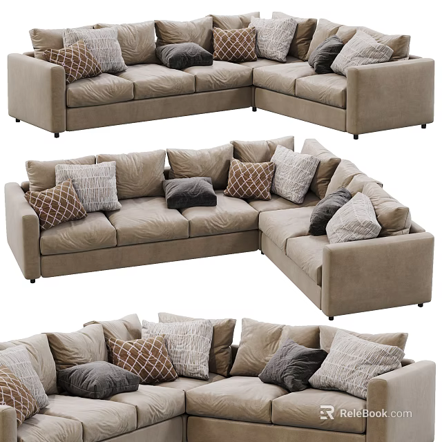 Sectional Sofa With Multiple Patterned Cushions In Neutral Beige Cozy Design 3d model