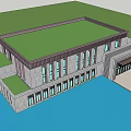 Modern Sales Office Building With Green Roof Stone Facade Large Windows And Water Surrounding