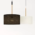 Two Modern Pendant Lights With Dark And White Linen Shades And Wooden Rods
