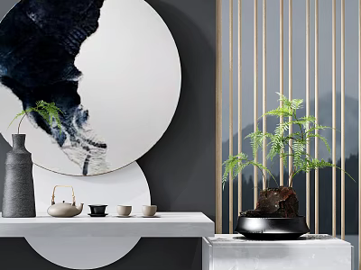 Bonsai Plant in Black Pot with Modern Interior Tea Set Circular Painting and Golden Screen 3d model