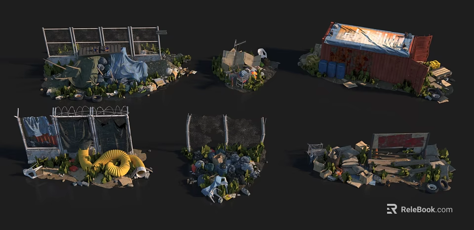 Abandoned Junkyard Scene With Ruins Dilapidated Buildings Barbed Wire Tires And Containers 3d model 