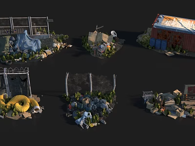 Abandoned Junkyard Scene With Ruins Dilapidated Buildings Barbed Wire Tires And Containers 3d model