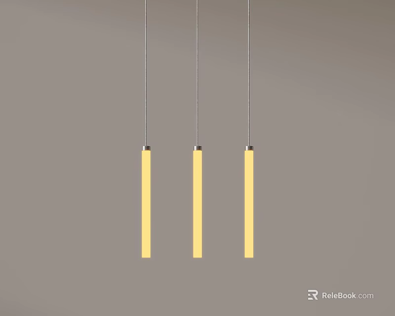 Three Yellow Long Strip Chandeliers Hanging Against Gray Background 3d model 