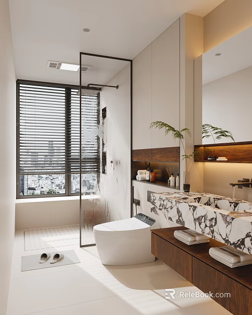 Modern Bathroom with City View Window Blinds Glass Shower Marble Countertop Double Sinks and Plant 3d model 