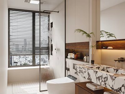 Modern Bathroom with City View Window Blinds Glass Shower Marble Countertop Double Sinks and Plant 3d model