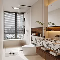 Modern Bathroom with City View Window Blinds Glass Shower Marble Countertop Double Sinks and Plant