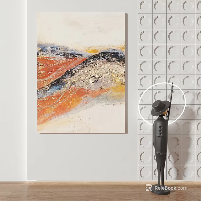 Modern Abstract Painting And Black Sculpture In Circular Pattern Wall Interior 3d model