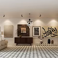 Modern Exhibition Hall Interior With White Sofa Art Paintings Green Plants And Geometric Floor