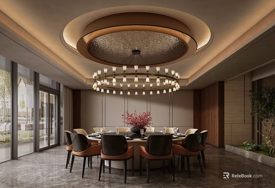 Luxurious Private Dining Room With Round Table Red Flowers Chandelier And Wooden Walls 3d model