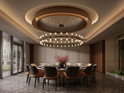 Luxurious Private Dining Room With Round Table Red Flowers Chandelier And Wooden Walls 3d model